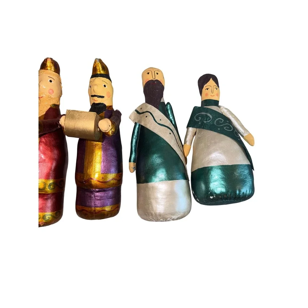Vtg Folk Art Nativity Set 4 Piece Metallic Fabric‎ Mary Three Wise Men Figures